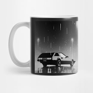 Retro 80s car in the rain black and white Mug